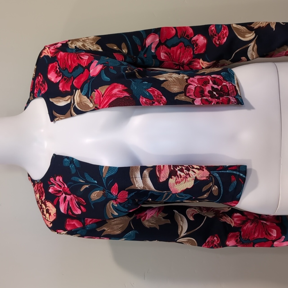 SHEIN Dark Blue And Pink Floral Open Front Cropped Blazer Jacket Size Medium